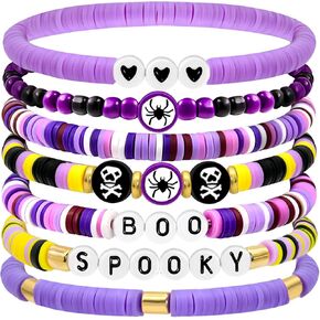 yfstyle Halloween Bracelets for Women Halloween Preppy Heishi Bracelets Pumpkin Skull Spider Boo Stretch Bracelets for Halloween Party Costume Accessory