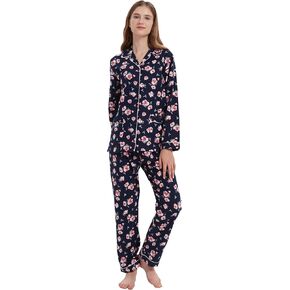 amaxer Women's Flannel Pajama Set 100% Cotton Pajamas For Women Long Sleeve Elastic Drawstring Pjs Button Warm Sleepwear
