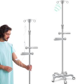 Thyle IV Pole Portable IV Poles with Wheels 4 Hooks 5 Wheels IV Fluid Bag Stand Stainless Steel Adjustable 43" to 79" Height Pole with Hanging Net for Home Hospital Essential IV Practice
