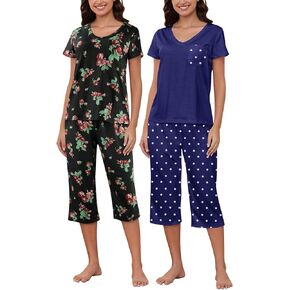 YIJIU 2 Pack Women's Pajamas Set Short Sleeve With Pocket Sleepwear Tops and Capri Pants Pjs Soft Print Loungewear Nightwear
