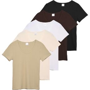 Real Essentials 5 Pack: Women's Soft Ribbed Short Sleeve V-Neck T-Shirt Casual Summer Tee Shirts