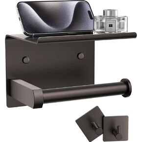 Tindbea Mega Size Toilet Paper Holder with Shelf + Towel Robe Hooks, Adhesive or Screw Wall Mounted Toilet Paper Roll Holder, Stainless Steel Bathroom Hardware Set (Brushed Nickel)
