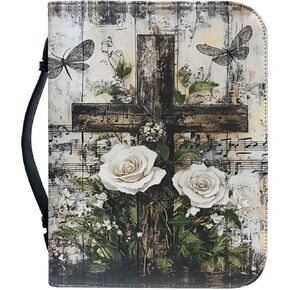 FOR U DESIGNS Classic Leather Bible Cover Floral for Women Size 2XL Bible Case with Handle and Zipper, Church Protector Bible Bags Black