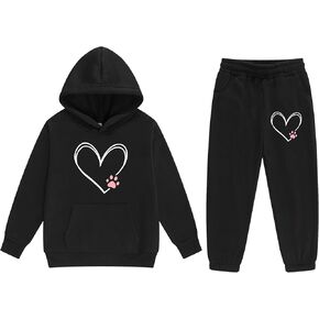 Girls 2 Piece Sweatsuits Love Heart Dog Paw Graphic Tracksuit Set Kids Heart Print Hoodies and Sweatpants