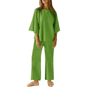 Tankaneo Womens 2 Piece Outfits 3/4 Sleeve Tops and Elastic Waist Pants Casual Lounge Sets