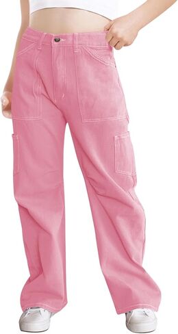 Haloumoning Girls Cargo Pants Kids Fashion Baggy Wide Leg Trousers with Pockets 5-14 Years in Saudi Arabia