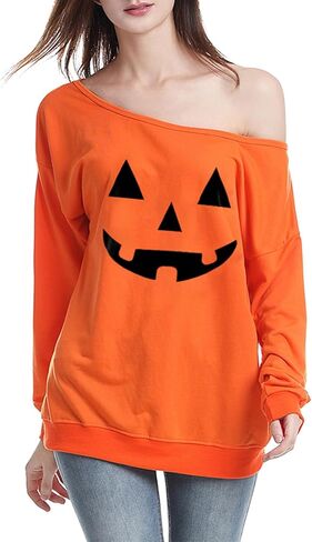 Jack O' Lantern Pumpkin Face Ladies' T-Shirt Halloween Costume Fun Sweatshirt Off Shoulde in Saudi Arabia