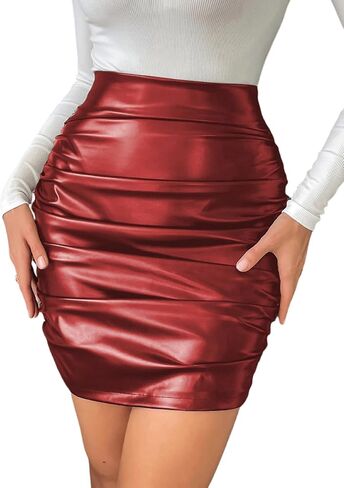 Women's High Waisted Bodycon Mini Skirt Faux Leather Classic Pleated PU Skirt in Saudi Arabia