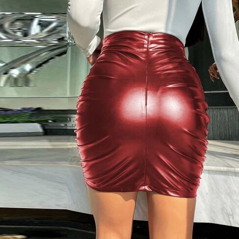 Women's High Waisted Bodycon Mini Skirt Faux Leather Classic Pleated PU Skirt in Saudi Arabia