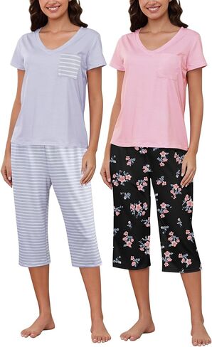 YIJIU 2 Pack Women's Pajamas Set Short Sleeve With Pocket Sleepwear Tops and Capri Pants Pjs Soft Print Loungewear Nightwear in Kuwait