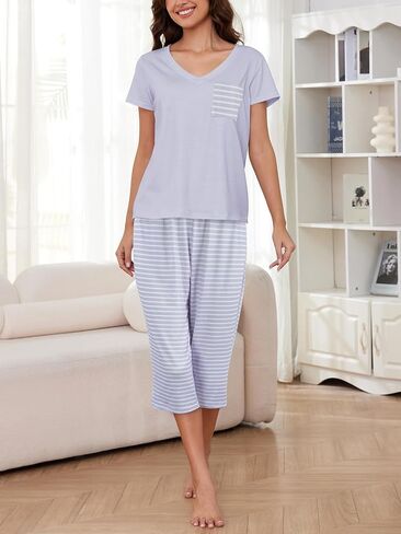 YIJIU 2 Pack Women's Pajamas Set Short Sleeve With Pocket Sleepwear Tops and Capri Pants Pjs Soft Print Loungewear Nightwear in Kuwait