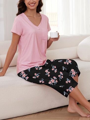 YIJIU 2 Pack Women's Pajamas Set Short Sleeve With Pocket Sleepwear Tops and Capri Pants Pjs Soft Print Loungewear Nightwear in Kuwait