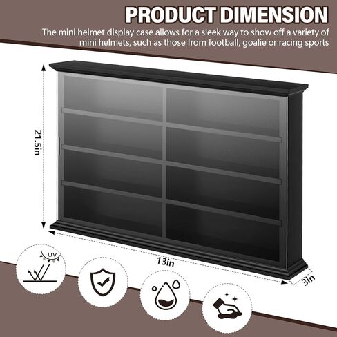 Mini Helmet Display Case Cabinet Holders Wall Mount Rack for Football Baseball Helmet, Natural Wood Frame with Clear Acrylic Door UV Protection, 21.5 x 13 x 3 Inches(Black) in Saudi Arabia