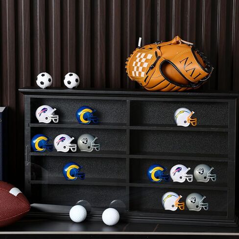 Mini Helmet Display Case Cabinet Holders Wall Mount Rack for Football Baseball Helmet, Natural Wood Frame with Clear Acrylic Door UV Protection, 21.5 x 13 x 3 Inches(Black) in Saudi Arabia
