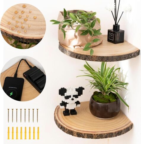 Live Edge Corner Shelves, Corner Floating Shelf, Solid Paulownia Wood Slices with Bark Decorations Style, Wall Mount Display Shelf with Wire Hole for Bedroom, Kitchen, Living Room (Set of 2) in Saudi Arabia
