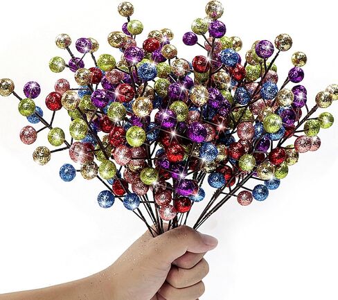 Artificial Colorful Berry Stems, 24 Pack 8.7" Christmas Glitter Berries Stems Artificial Holly Fruit Berry Branches Winter Picks Home Holiday Wedding Party DIY Christmas Tree Crafts Decor (Mix) in Saudi Arabia