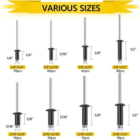 270PCS Rivets, Pop Rivets Aluminum 8 Sizes Blind Rivets Assortment Kit (1/8" 3/16"), Black Rivets Assorted Blind Rivets for Airplanes, Ships, Rails and DIY in Saudi Arabia