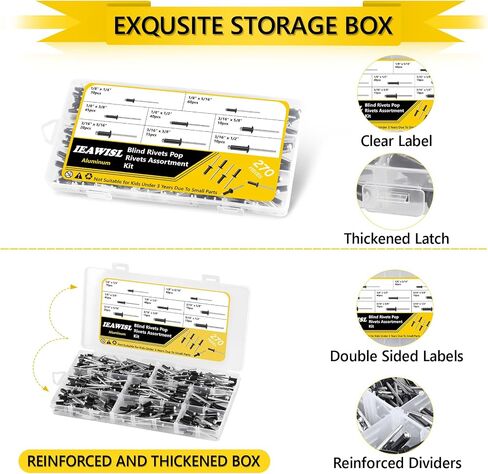 270PCS Rivets, Pop Rivets Aluminum 8 Sizes Blind Rivets Assortment Kit (1/8" 3/16"), Black Rivets Assorted Blind Rivets for Airplanes, Ships, Rails and DIY in Saudi Arabia