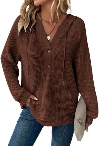 SOLY HUX Women's Oversized Sweatshirts Waffle Knit Hoodies Trendy Casual V Neck Button Pullover Hooded Tops in Saudi Arabia
