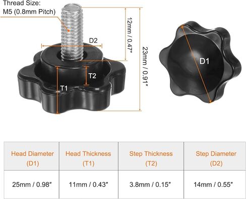 HARFINGTON 25pcs Star Knobs M5 x 12mm 304 Stainless Steel Threaded Stud 25mm Plastic 6-Star Head Hand Tightening Thumb Screw Clamping Jig Knob Handle, Black in Saudi Arabia