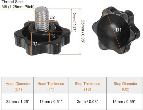 HARFINGTON 10pcs Star Knobs M8 x 25mm 304 Stainless Steel Threaded Stud 32mm Plastic 6-Star Head Hand Tightening Thumb Screw Clamping Jig Knob Handle, Black in Saudi Arabia