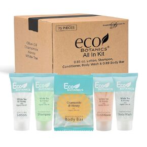 Eco Botanics Hotel Soaps and Toiletries Bulk Set | 1-Shoppe All-In-Kit Amenities |0.85oz Shampoo & Conditioner, Body Wash, Body Lotion & 0.89oz Bar Soap Travel Size | 75 Pieces