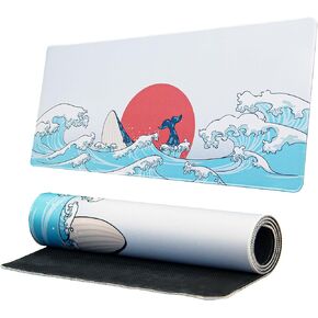 XVX Japanese Sea Wave Large Mouse Pad for Desk, Desk Mat with Seamed Edges, Waterproof Desk Pad, Gaming Mouse Pad Non-Slip Rubber Base, 31.5x11.8 Inch 3mm Thick Keyboard Pad Computer Mat, Kanagawa