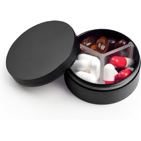 Small Pill Case 3 Compartments, Metal Round Portable Pill Box, Waterproof Travel Pill Organizer, Pocket Purse Medicine Vitamin Holder EDC Container (Black)