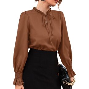 Rooscier Women's Frill Mock Neck Self Tie Shirred Ruffle Long Sleeve Elegant Blouse in Kuwait