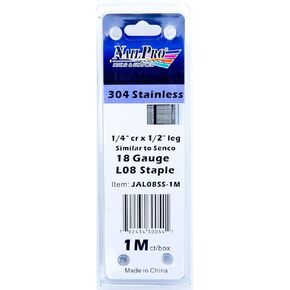 L08SS 1/2" Leg x 1/4" Stainless Steel Narrow Crown Staples, 1000 Count