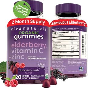 Organic Elderberry Gummies with Zinc and Vitamin C (120 Count) - Two-Month Supply, Certified USDA Organic 3-in-1 Chewable Sambucus Elderberry Gummies, Immune Support Supplement
