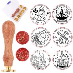 Wax Seal Stamp Kit, 6pcs Brass Sealing Wax Stamps Head & Wooden Handle Wax Seal Kit, Great for Wedding Invitations Cards Envelopes(Mushroom+Moon Rabbit+Mermaid+Sea+Magic Hourglass+Fish) (Ocean Series)