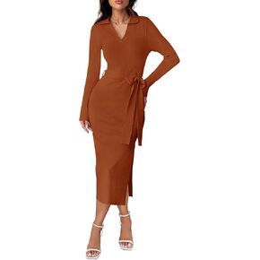 ZESICA Women's Fall Long Sleeve Sweater Dress 2024 Lapel V Neck Ribbed Knit Side Slit Bodycon Midi Dresses with Belt