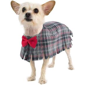 Pooch-O Fleece Grey Plaid with Bow Dog Poncho, Small