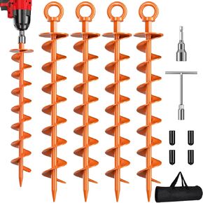 Phopich Ground Anchors Screw in, 4 Pack Spiral Trampoline Anchors with Nut and Tool Swing Set Anchors Tent Stakes High Wind Heavy Duty for Sheds, Carports, Mobile Home Orange