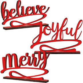 Kathfly 3 Pcs Christmas Tabletop Word Sign Believe Joyful Merry Xmas Table Decor Freestanding Christmas Table Sign Christmas Wood Cutouts Table Plate Rustic Ornaments for Home Decoration (Gold)