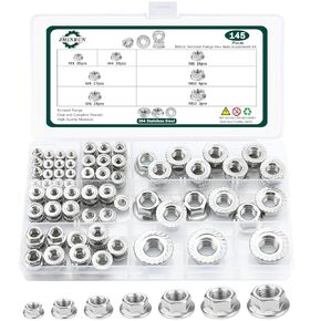 145 PCS 5 Size Metric Flange Nuts Assortment Kit, 304 Stainless Steel Serrated Flange Hex Lock Nuts-M3, M4, M5, M6, M8, M10, M12