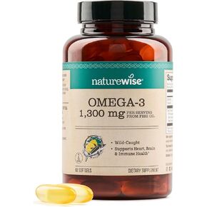 NatureWise High Potency Omega 3 1300 mg from Wild-Caught Fish Oil with EPA & DHA as TG - Promotes Brain & Heart Health - Burpless - Gluten, Dairy, & Soy Free, Non-GMO - 60 Softgels[1-Month Supply]