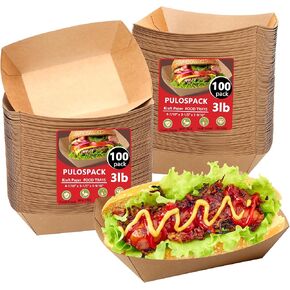 100 Pack 3lb Heavy Duty Paper Food Trays Kraft Leak proof Paper Food Boats Disposable Nacho Trays Takeout Food Trays for Chips Hot Dogs Popcorn Snacks BBQ Party Picnic Wedding