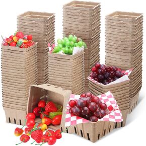 300 Pack Molded Pulp Fiber Berry Basket Produce Vented Container with 300 Sheets Wax Paper Berry Basket for Fruit and Vegetable, Farmer Market, Grocery Stores, Backyard Party