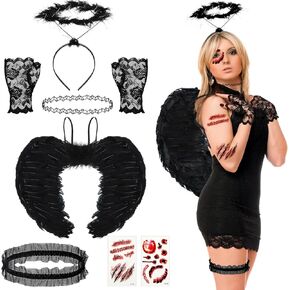 Liitrsh Halloween Angel Costume Women's Feathered Angel Wings Angel Headband Lace Gloves Wedding Garter Angel Outfit Cosplay