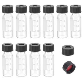 PATIKIL 2ml Autosampler Vial, 200 Pack Pre-Slit Septa HPLC/GC Vials 9-425 Lab Clear Vials Sample Vial with Black Screw Cap Writing Patch PTFE Silicone for LC Stamper
