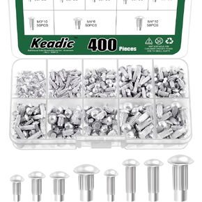 Keadic 400Pcs M2 M2.5 M3 M4 Aluminium Brazier Head Solid Rivet Assortment Set, 6mm 8mm 10mm Solid Aluminum Rivets for Repairing Boats Aircraft Automobile Machinery