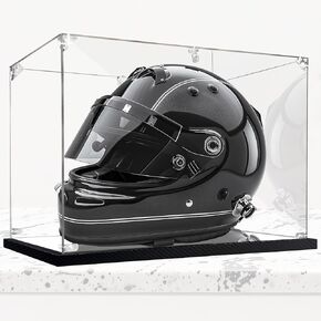 Clear Motorcycle Helmet Display Case Acrylic Motocross Helmet Display Case with Mirror & Carbon Fiber Skin Base, Large Rectangle Acrylic Box UV Protection Memorabilia Collectibles Showcase