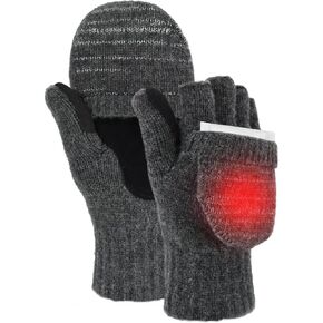 Flip Winter Gloves, Wool Fingerless Gloves for Women Men Cold Weather, Mittens with Reflective & Magnetic Closure Christmas DK GRY S/M