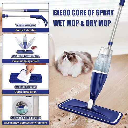 Microfiber Spray Mop for Floors Cleaning: Wet Dry Hardwood Floor Mops with 4 Washable Reusable Pads for Swiffer Powermop - Flat Mop with Sprayer for Tile Wood Laminate Vinyl Marble in Kuwait