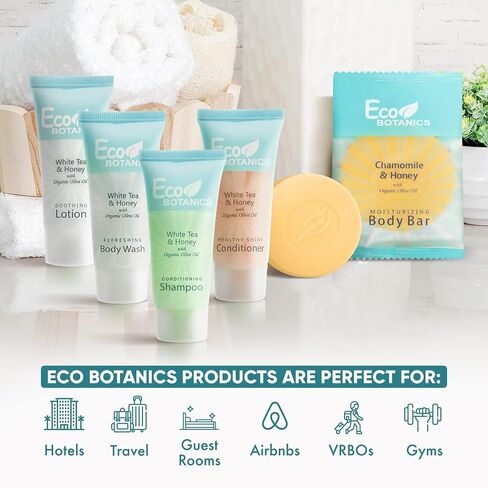 مجموعة الصابون وأدوات الزينة الفندقية من إيكو بوتانيكس | وسائل الراحة الشاملة في مجموعة 1-Shoppe | شامبو وبلسم 0.85 أونصة، وغسول الجسم، وغسول الجسم، وقطعة صابون بحجم 0.89 أونصة بحجم مناسب للسفر | 75 قطعة in Kuwait