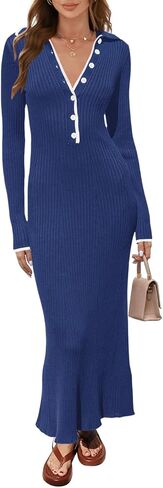 TECREW Women's Long Sleeve V Neck Sweater Maxi Dress Button Bodycon Fitted Fall Ribbed Knit Dresses in Saudi Arabia
