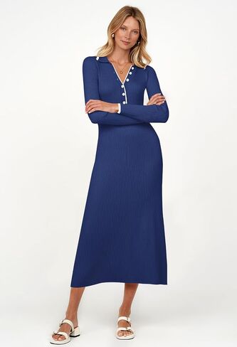 TECREW Women's Long Sleeve V Neck Sweater Maxi Dress Button Bodycon Fitted Fall Ribbed Knit Dresses in Saudi Arabia