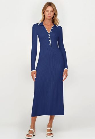 TECREW Women's Long Sleeve V Neck Sweater Maxi Dress Button Bodycon Fitted Fall Ribbed Knit Dresses in Saudi Arabia